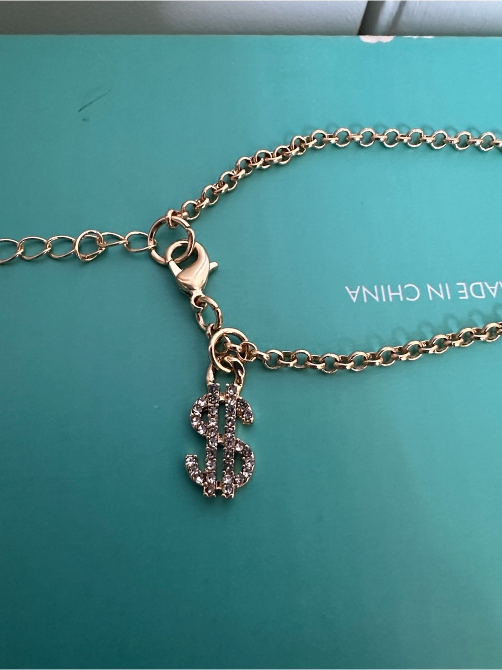 Gold Chain Bracelet with Crystal Dollar Sign Charm